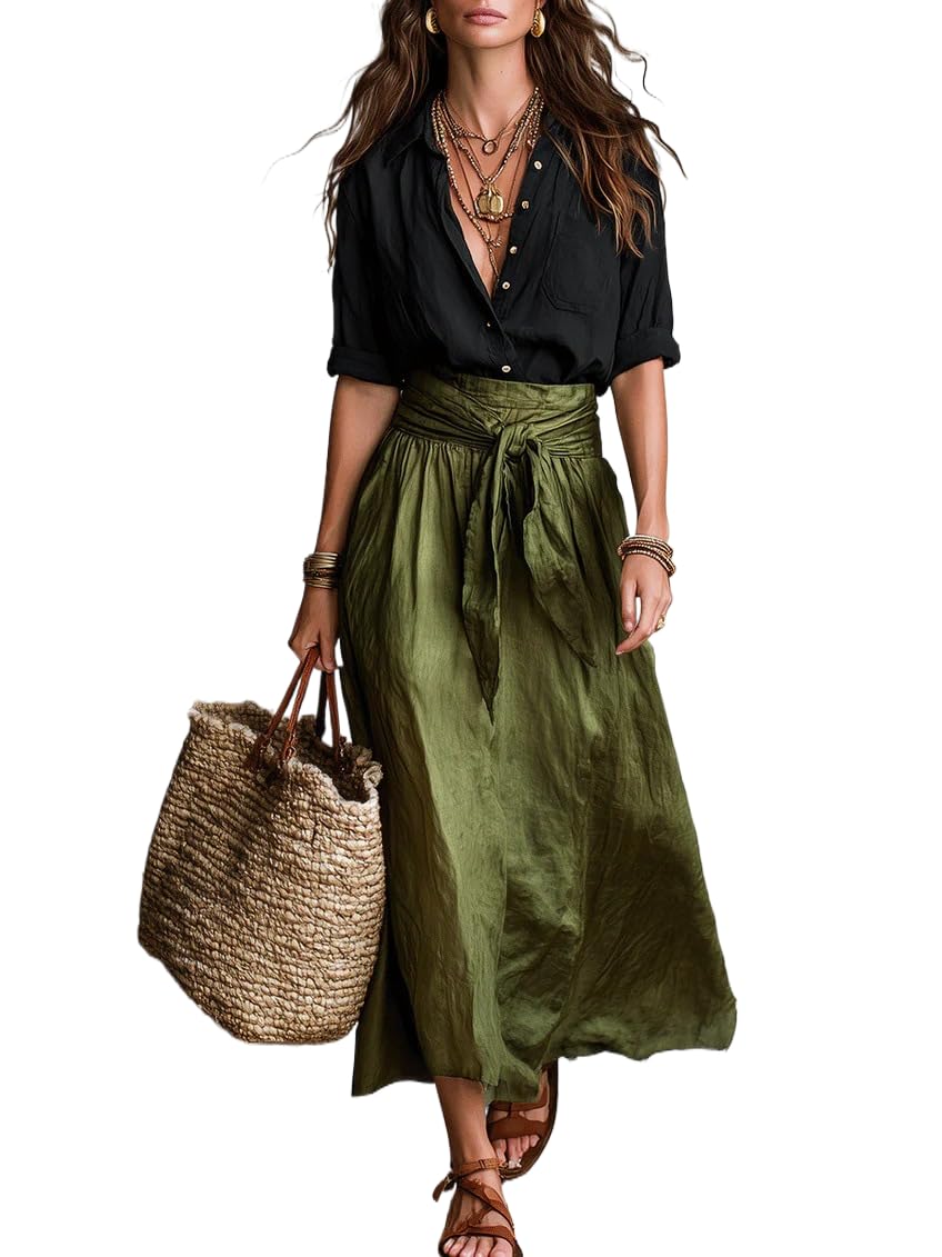 Women Boho Contrast 2 Piece Outfit, Long Sleeve Button Down Shirt & Tie Waist Flowy Midi Skirt Casual Vacation Set