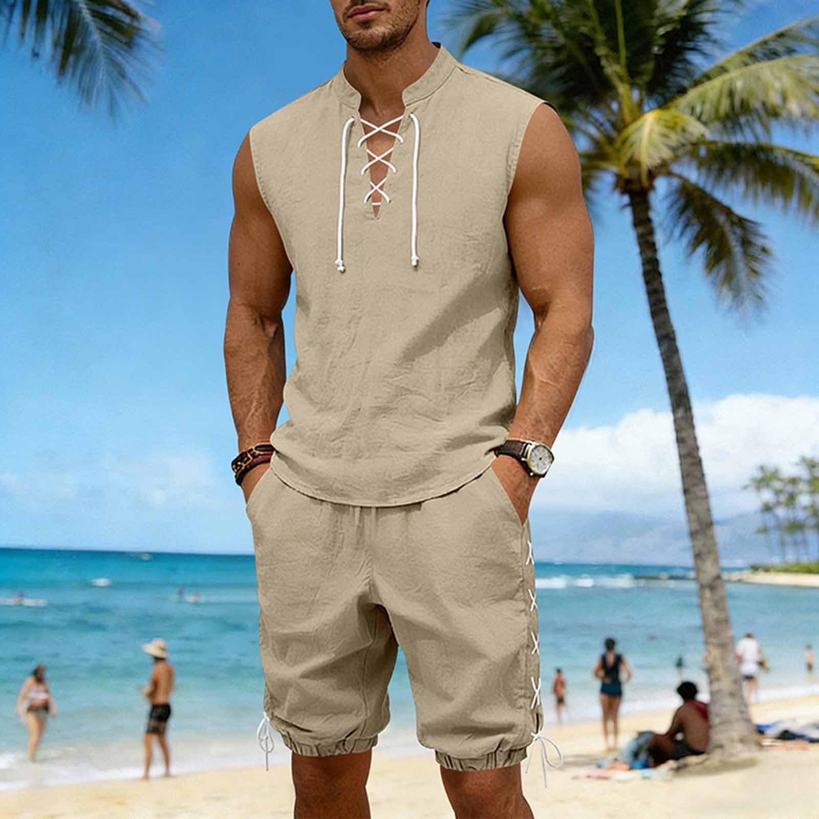 Cambkatl 2 Piece Outfits for Men Lightweight Linen Shorts Set Laceup V Neck Sleeveless Tank Top Matching Sets with Pockets