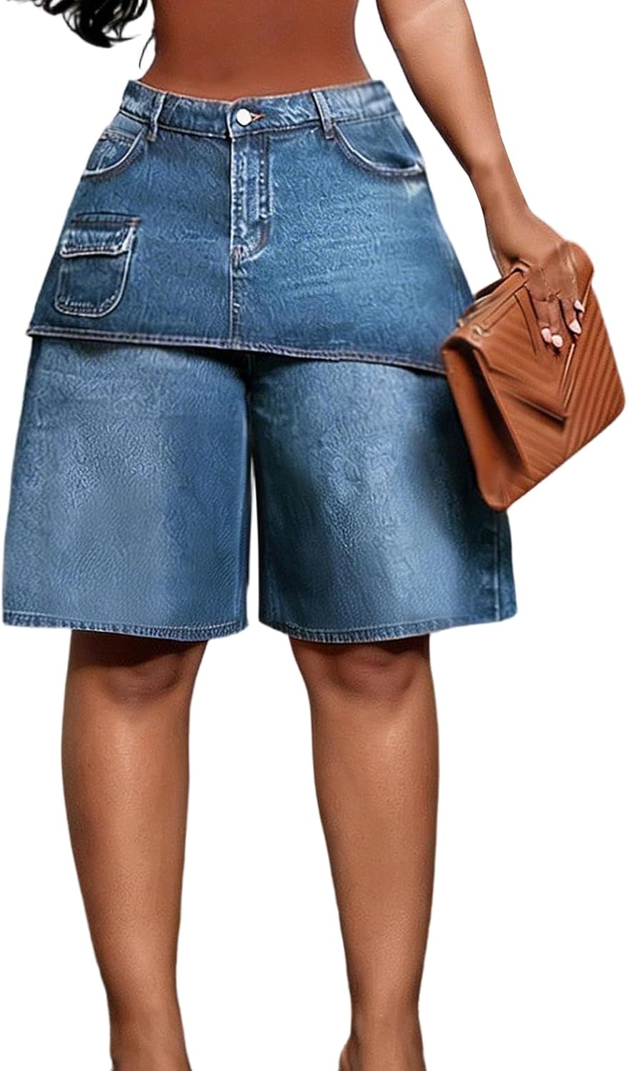 Women's Plus Size Cargo Jean Shorts Asymmetrical Patchwork Jorts | Baggy,High Waisted,Wide Leg,Overlay Skirt,Knee Length,Stretchy,Bermuda Shorts,with Pockets,Y2K Streetwear
