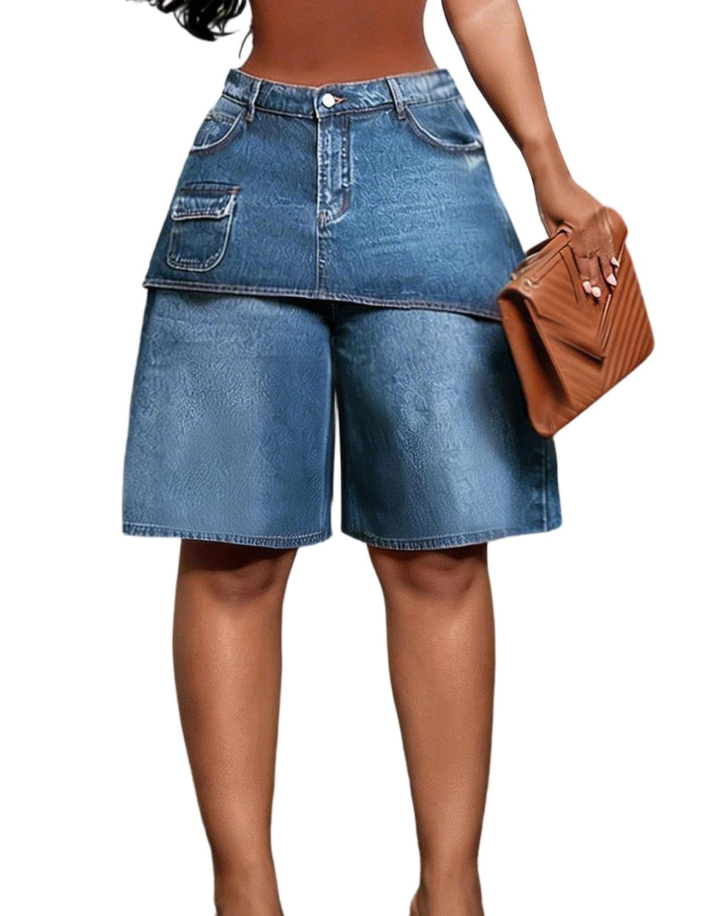 Women's Plus Size Cargo Jean Shorts Asymmetrical Patchwork Jorts | Baggy,High Waisted,Wide Leg,Overlay Skirt,Knee Length,Stretchy,Bermuda Shorts,with Pockets,Y2K Streetwear