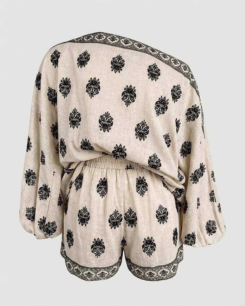 CHICME Boho Linen Sets Women's 2 Piece Lantern Sleeve Summer Shorts Set | Beach Vacation Summer Outfit, Shorts Sets Women 2 Piece Outfits, Top and Shorts Set, Soft Breathable Fabric, Elastic Waist