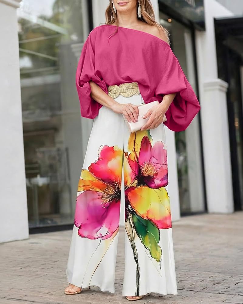 CHICME Women 2 Piece Summer Outfit Off Shoulder Flowy Wide Leg Pants Set | Off Shoulder, Lantern Sleeve Matching Set, 2 Piece Sets for Women Dressy, Vacation Travel Airport Outfits