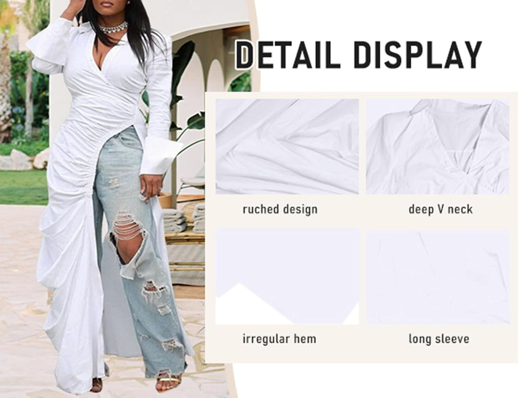 Women's Button Down Shirt Dress High Low Irregular Hem Top | Deep V Neck, Ruched, Long Sleeve, Side Split, Asymmetrical Irregular Hem Casual High Low Tops Blouse