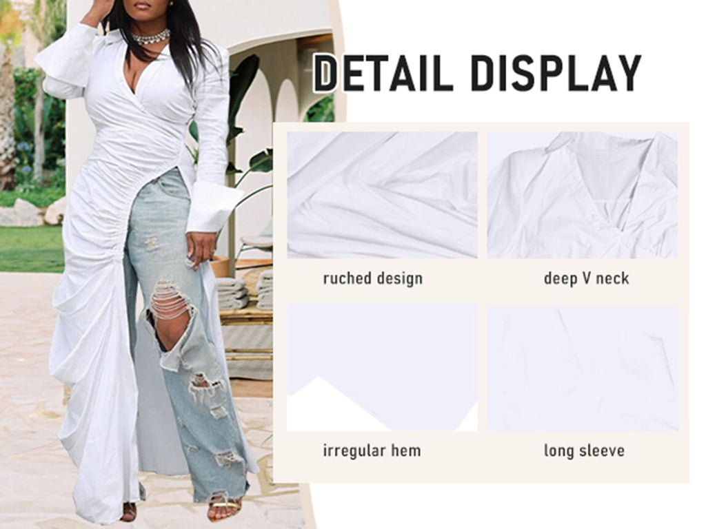 Women's Button Down Shirt Dress High Low Irregular Hem Top | Deep V Neck, Ruched, Long Sleeve, Side Split, Asymmetrical Irregular Hem Casual High Low Tops Blouse