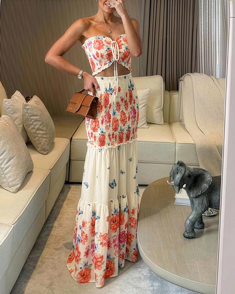 CHICME Floral Vacation Dress Halter Tie Ruched Womens Maxi Dress | Sleeveless Slim Dress, 3-Way Tie: Halter, Bow or Strapless,Ruffle Mermaid Hem for Party,Vacation,Wedding Guest