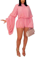LETSVDO Shorts Sets Women 2 Piece Outfits Mock Neck Bell Sleeve Chiffon Top Blouse Pleated Ruffle Bubble Short Set Romper