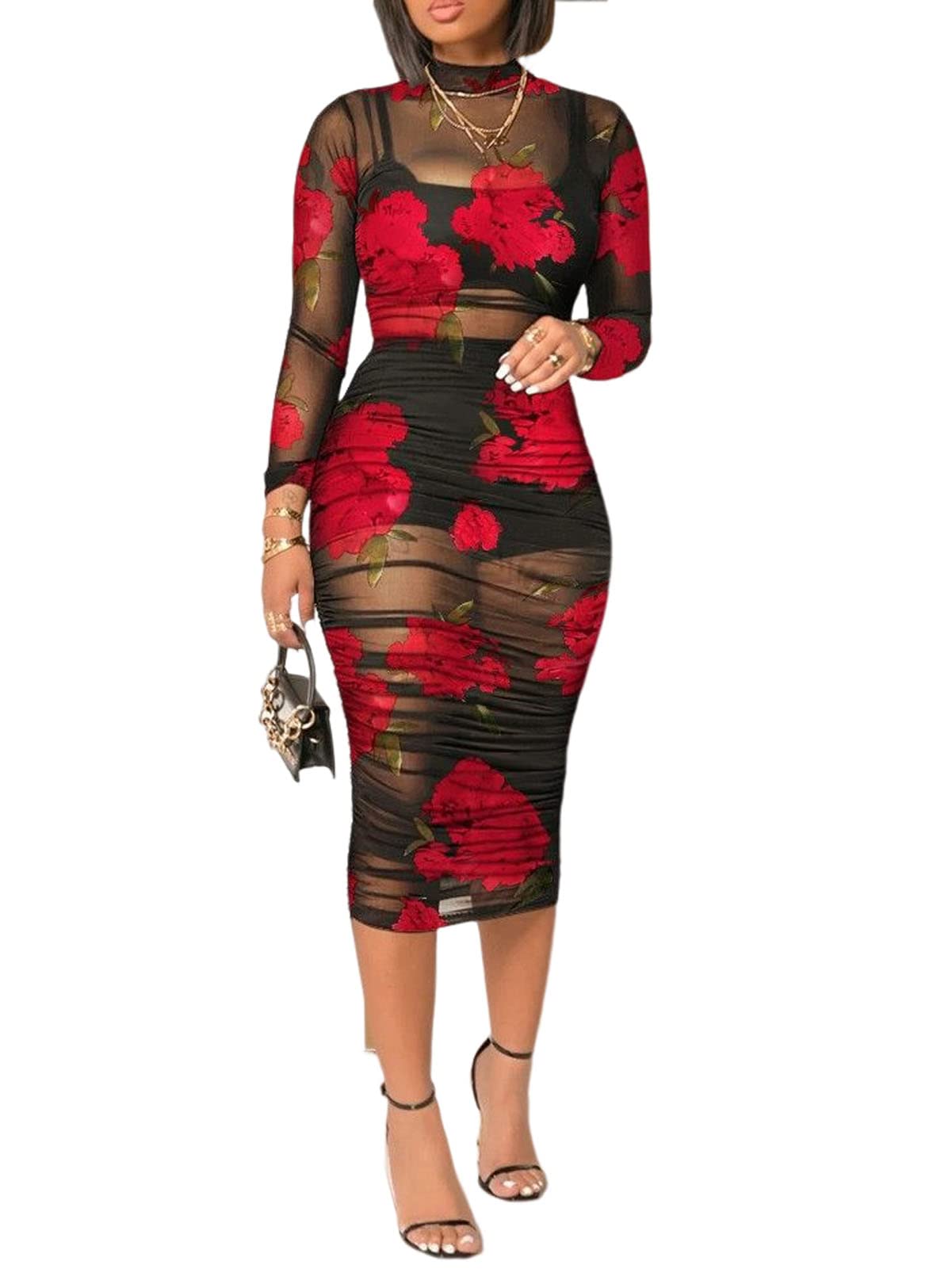 Women Sexy See Through Sheer Mesh Bodycon Midi Dress Long Sleeve Skirt 3 Piece Outfits Set Floral Print Cover Up