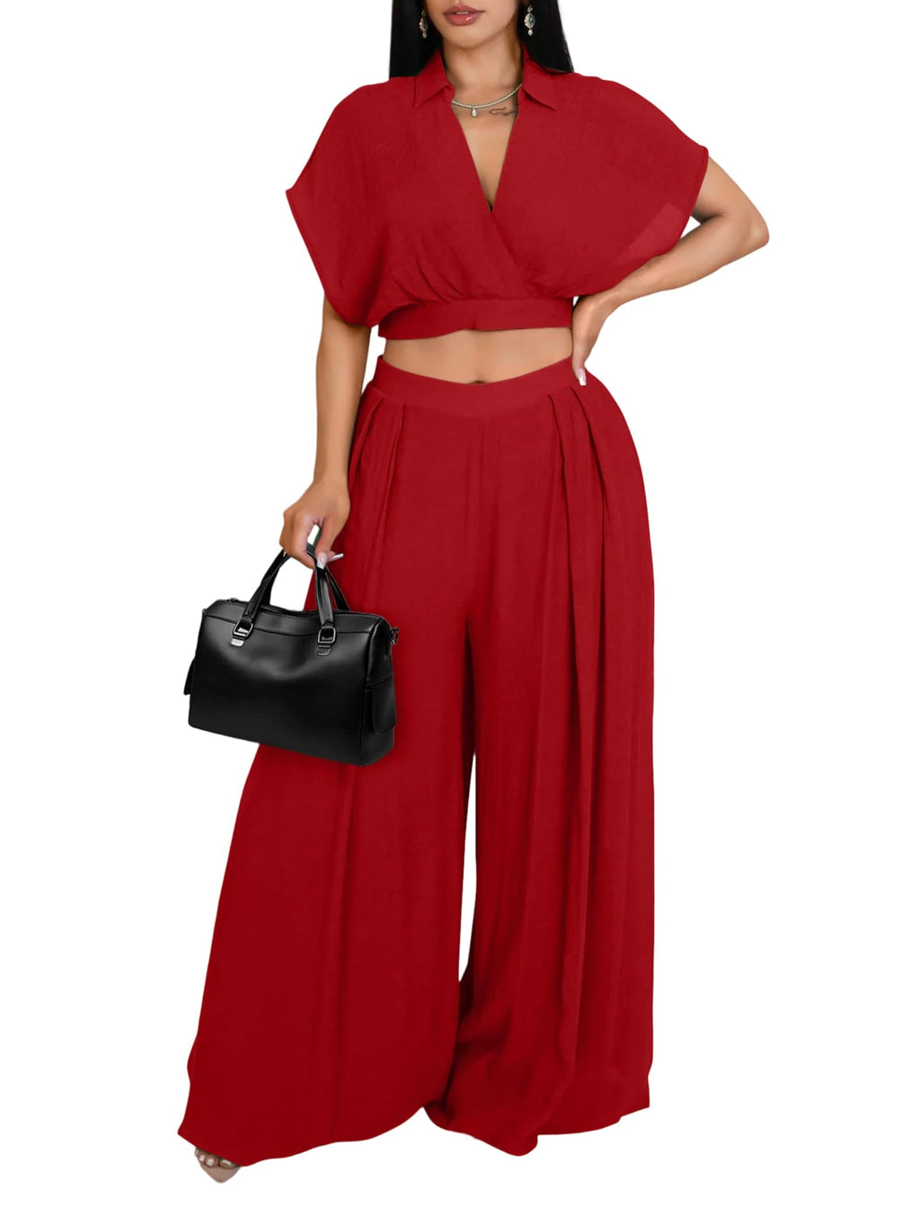 Ekaliy Women Two Piece Crop Top Flowy Wide Leg Pants Set Summer Outfits | Lightweight breathable fabric,batwing V-neck crop top,elastic waist wide leg lined pants with pockets for casual wear.