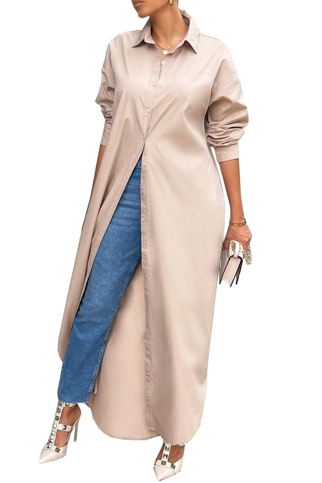 Shirt Dresses for Women Casual Long Sleeve Cotton Button Down Maxi Dresses | Oversized,Solid Color,Loose Fit,Plus Size,Long Shirts,Button Down Dress