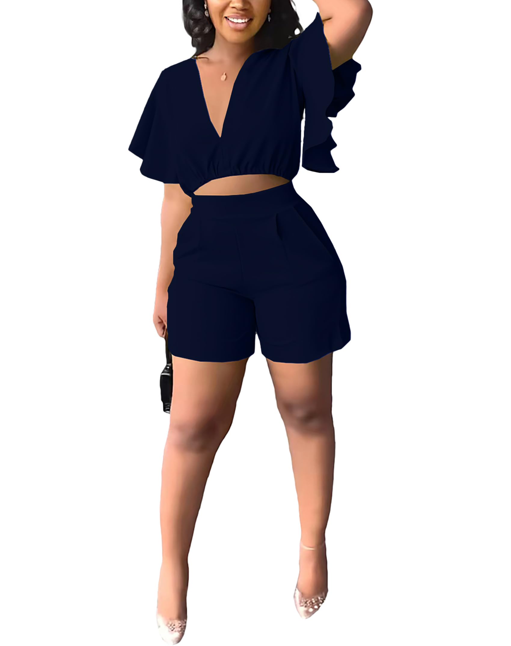 Womens Summer Two Piece Shorts Outfit Sexy Crop Top Butterfly Sleeve 2 pc Short Set Vacation Brunch Matching Set
