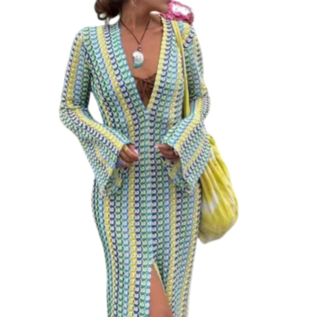 Womens Crochet Colorful Bell Long Sleeve V Neck Loose Maxi Dress Sexy Boho Eyelet Long Sundresses with Slit