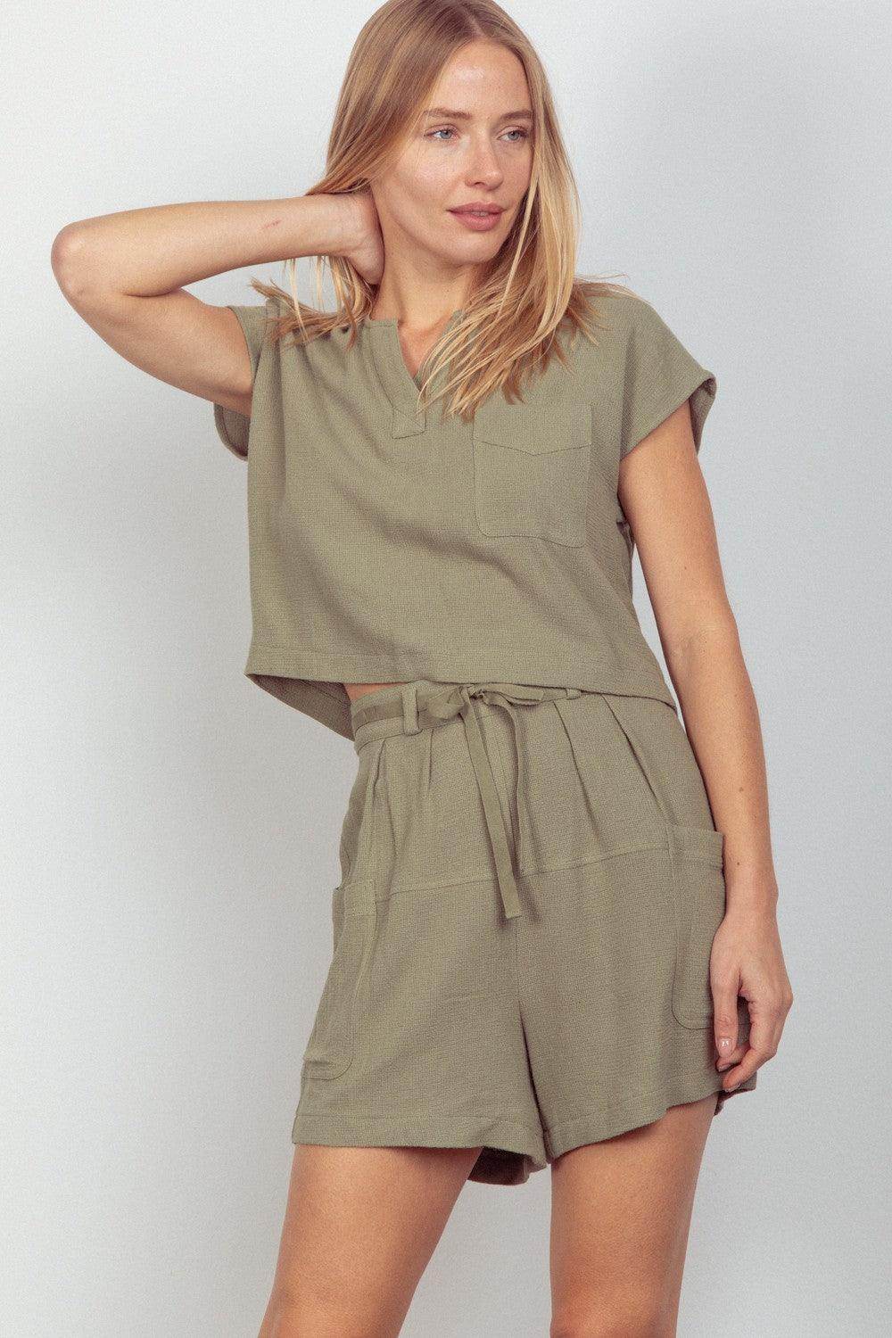 Very J Woven Cropped Top and Waist Tie Shorts Set