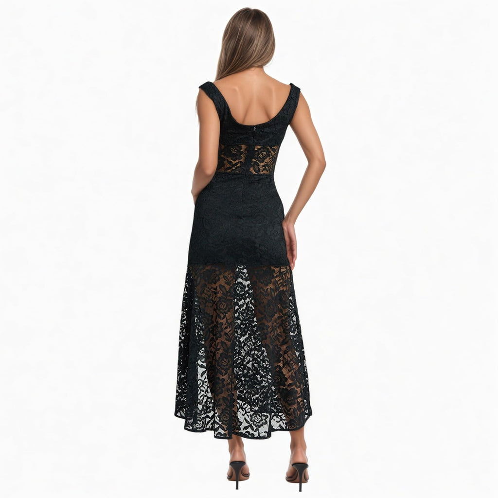 OCUH Black Lace Dress Sheer Maxi Dresses Sexy Outfit for Women Going Out High Slit Skirt Bodycon Vacation Party Wear
