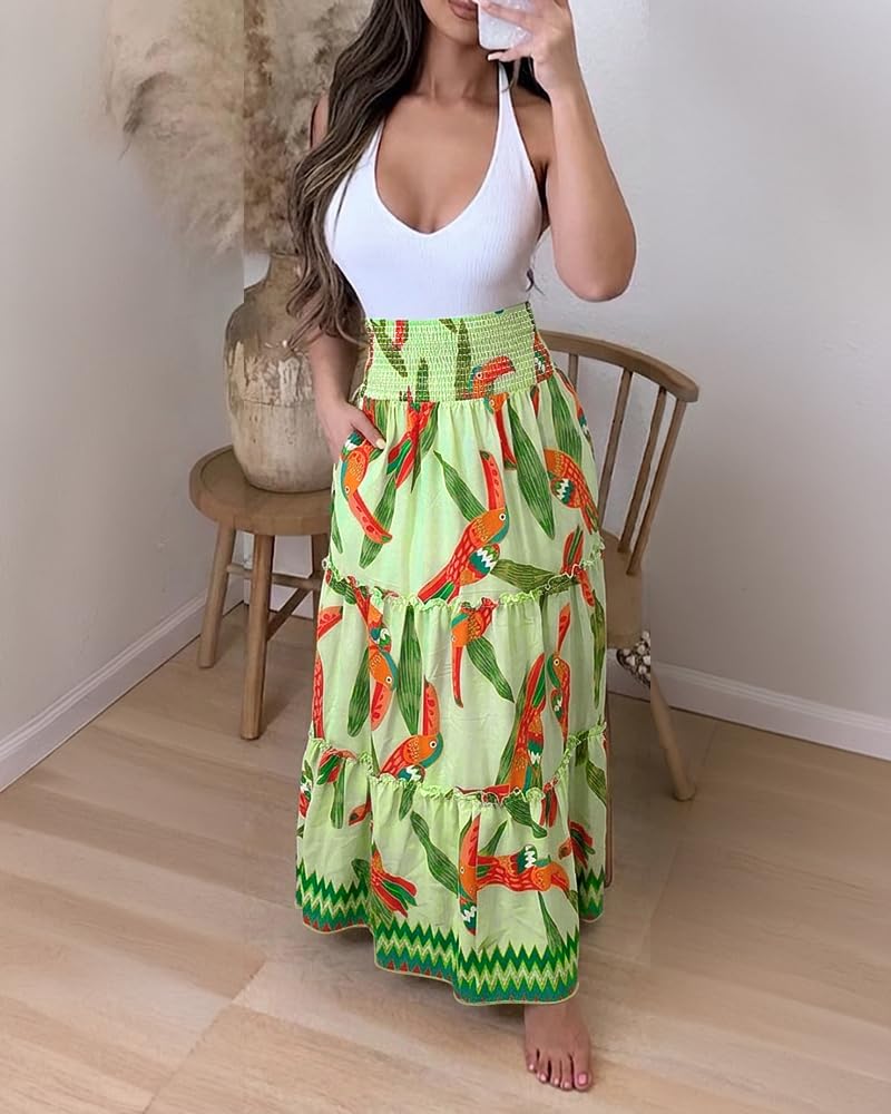 CHICME Women's Boho Floral Summer Maxi Skirt with Pockets Vacation Outfit | Shirred High Waist, Ruffle Hem, Lightweight Comfortable Fabric, A-Line Long Flowy Skirt for Beach, Travel & Daily Wear