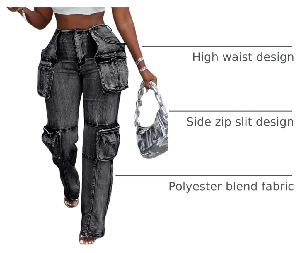 Women's Novelty Fashion Zip Side Slit High Waist Denim Jeans Pants with Multi Pockets