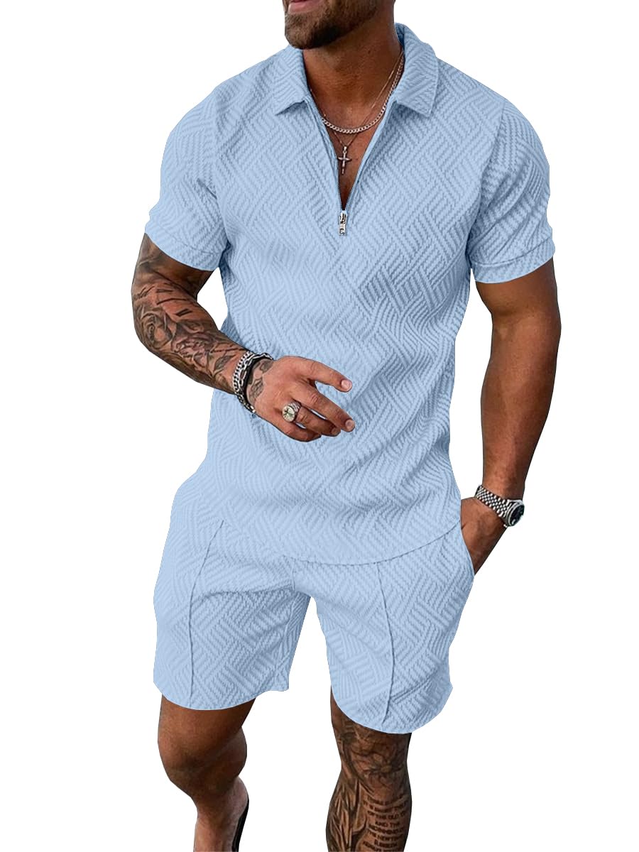 Mens Summer Track Suits 2 Piece Shorts Sets Short Sleeve Sweatsuit Outfits 1/4 Zip Golf Polo Shirts Loungewear