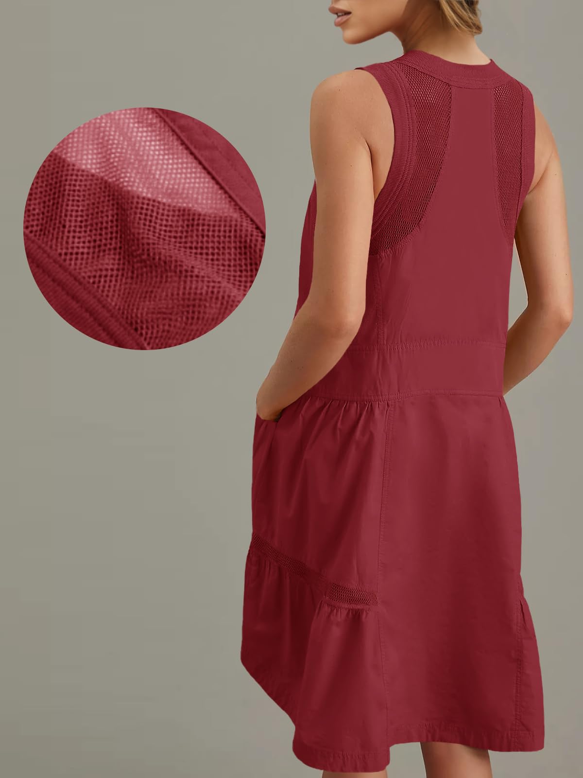 Fisoew Women's Sleeveless Tank Half Zip V Neck Mesh Back Mini Dresses | Casual, Loose Fit, Utility, Summer, With Pockets