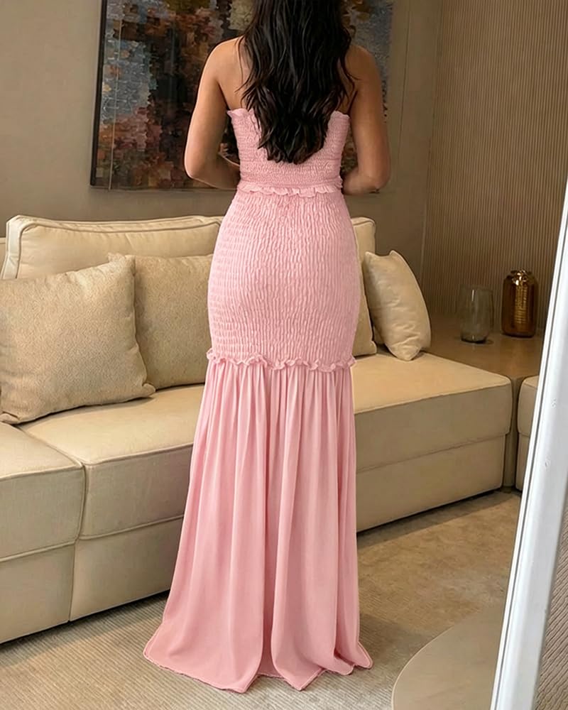 CHICME Floral Vacation Dress Halter Tie Ruched Womens Maxi Dress | Sleeveless Slim Dress, 3-Way Tie: Halter, Bow or Strapless,Ruffle Mermaid Hem for Party,Vacation,Wedding Guest