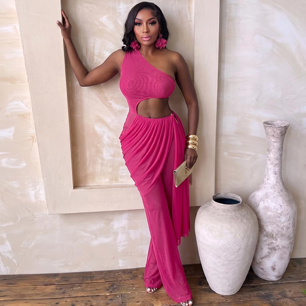 Sexy Jumpsuits for Women Cutout Sheer Mesh One Shoulder Draped Ruched Wrap One Piece Club Outfits for Women