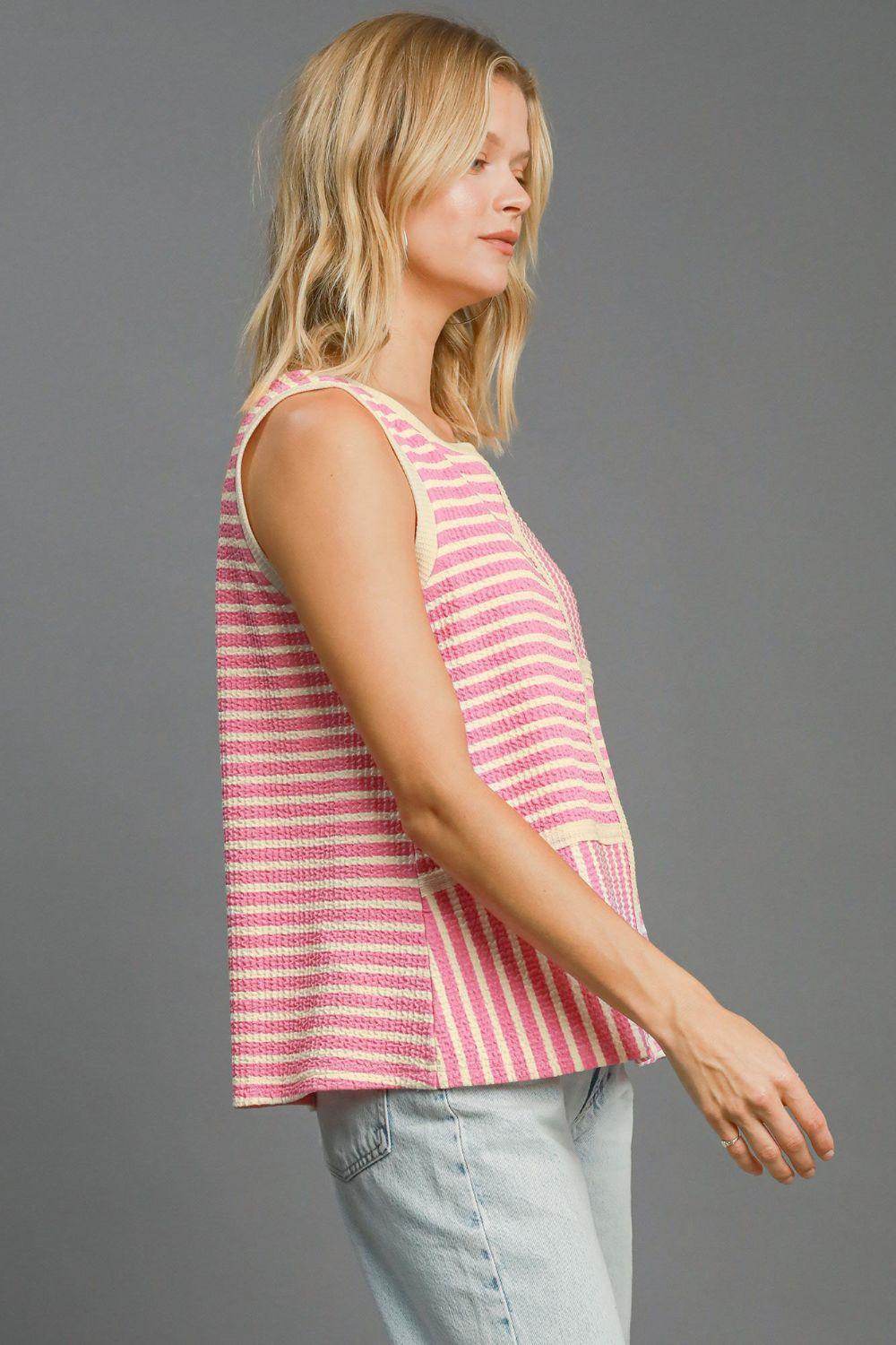 Umgee Round Neck Texture Striped Tank for Casual Style