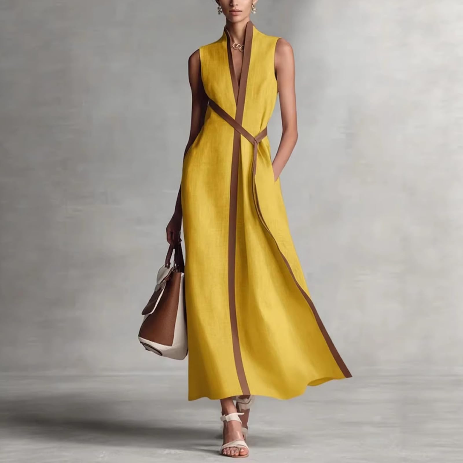 Women's Stand Up Collar Sleeveless Casual Loose Cotton and Linen Color Block Dress Casual Loose Beach Vacation Summer Dress