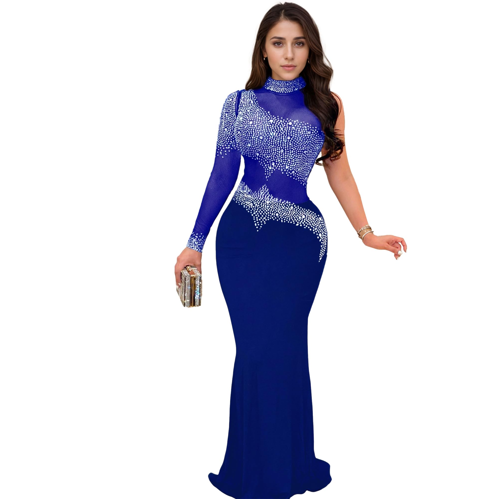PORRCEY Women's Sexy Elegant Rhinestone Bodycon Dress Hot Drilling Clubwear
