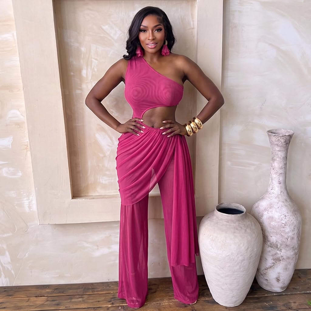 Sexy Jumpsuits for Women Cutout Sheer Mesh One Shoulder Draped Ruched Wrap One Piece Club Outfits for Women
