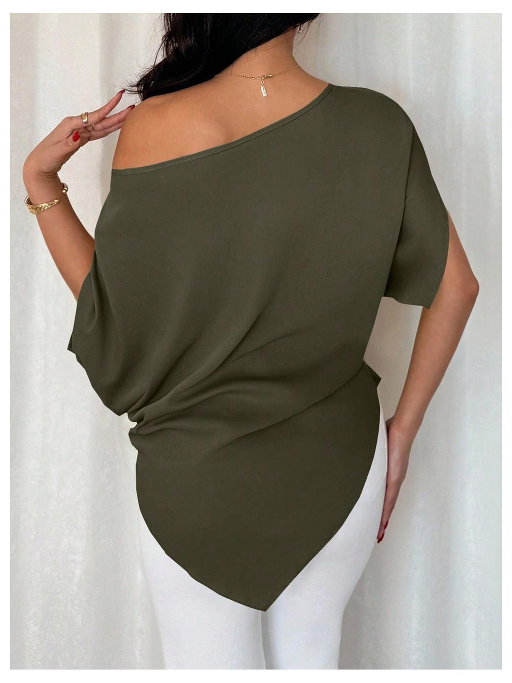 SHENHE Women's Off Shoulder Dolman Sleeve Blouses Asymmetrical Flowy Tops | Casual, Loose, Blouses With Waist Pleats, Asymmetrical, Elegant