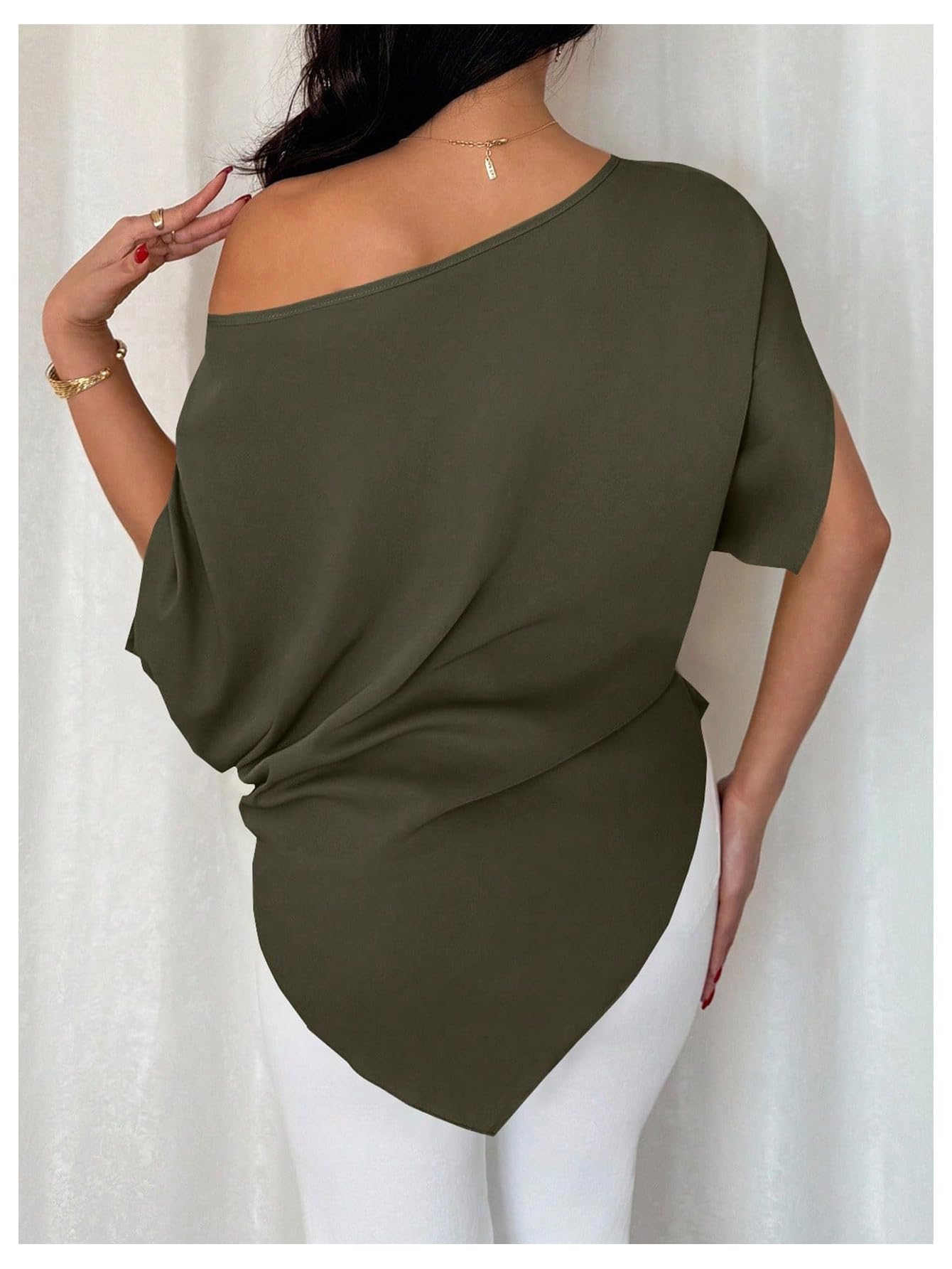 SHENHE Women's Off Shoulder Dolman Sleeve Blouses Asymmetrical Flowy Tops | Casual, Loose, Blouses With Waist Pleats, Asymmetrical, Elegant