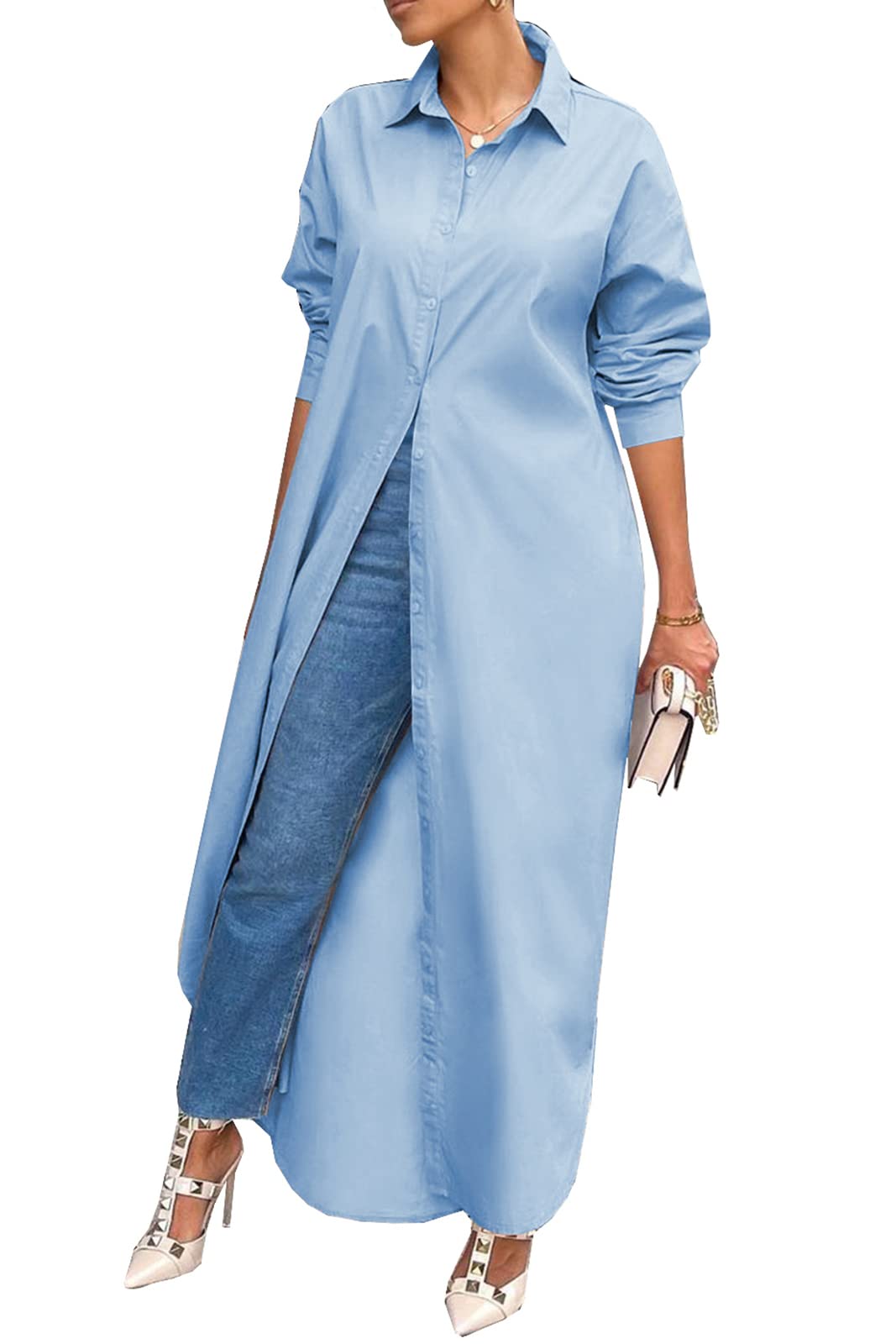 Shirt Dresses for Women Casual Long Sleeve Cotton Button Down Maxi Dresses | Oversized,Solid Color,Loose Fit,Plus Size,Long Shirts,Button Down Dress