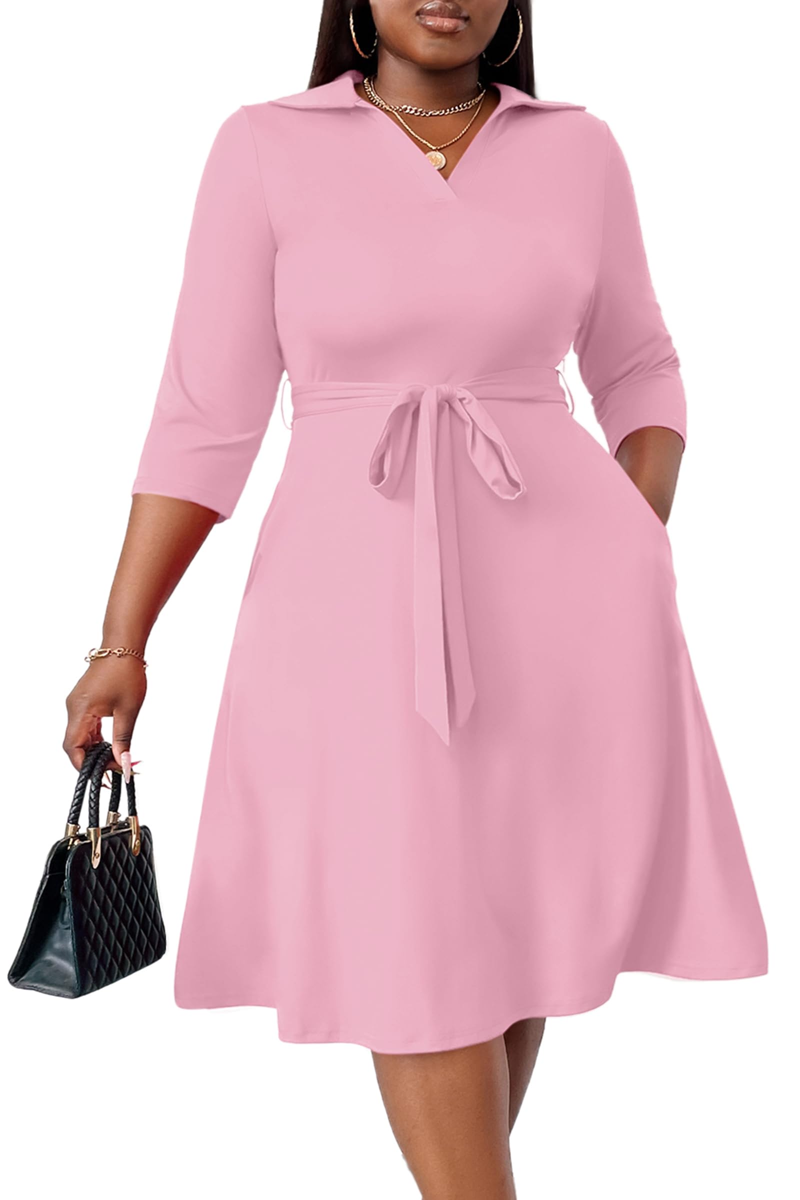 FANDEE Plus Size Midi Dress for Women Casual - Fit and Flare Summer Dresses | Semi Formal,African Print,Polo Collar Cocktail Dress,With Pockets And Belt