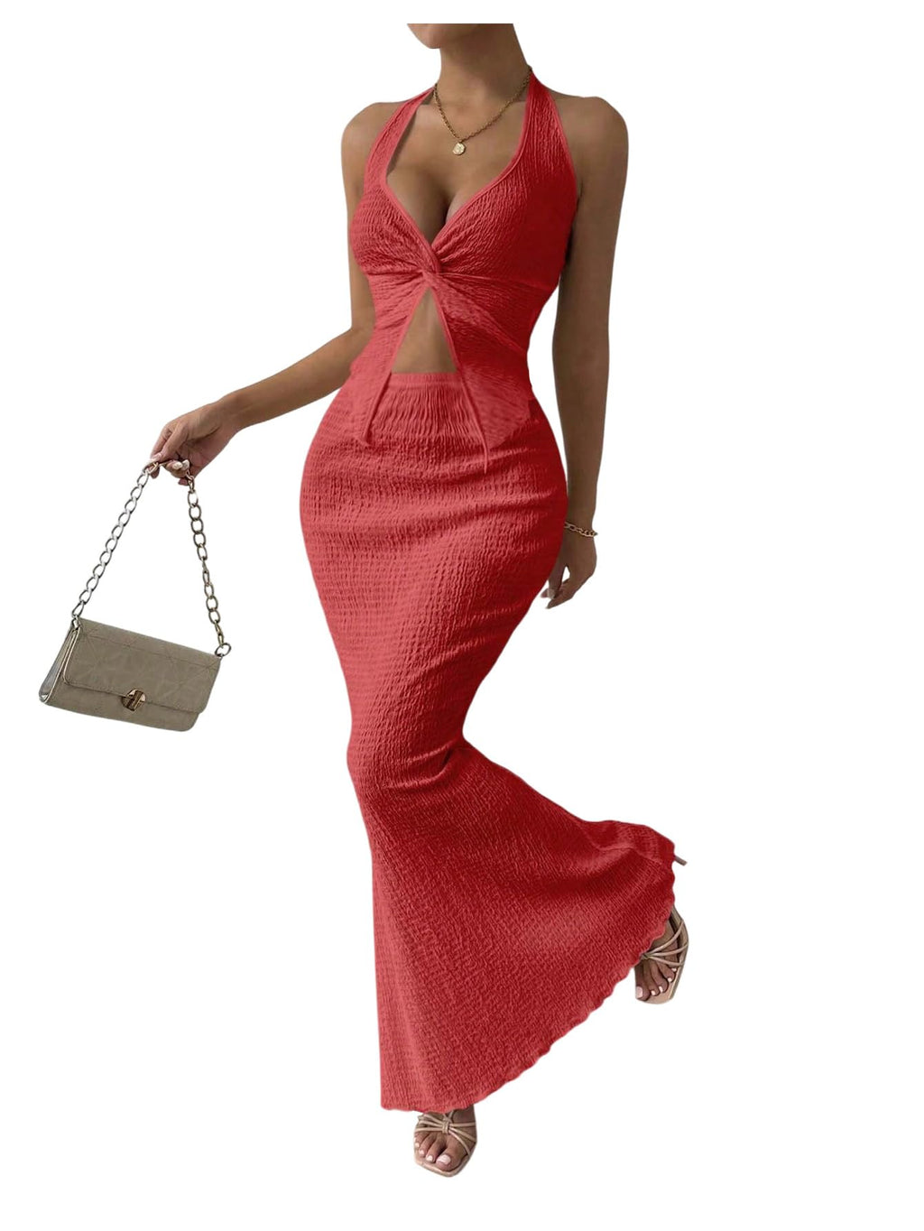 SOLY HUX Women's 2 Piece Outfit Twist Front Halter Cami Skirt Summer Set | Summer Vacation Outfits, Maxi Skirt Set