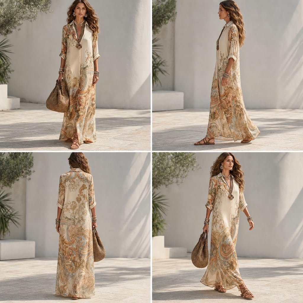 Women's Baroque Print Maxi Shirt Dress V Neck 3/4 Sleeve Button Down Flowy Casual Loose Boho Long Dress