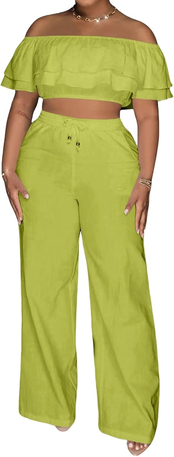 Adogirl 2 Piece Outfits for Women Ruffle Trim Crop Top Wide Leg Pants Set | 2 Piece Sets, Outfit for Women, Off Shoulder, Short Sleeve, Wide Leg Pants with Pockets, Sexy Outfits, Vacation Outfits