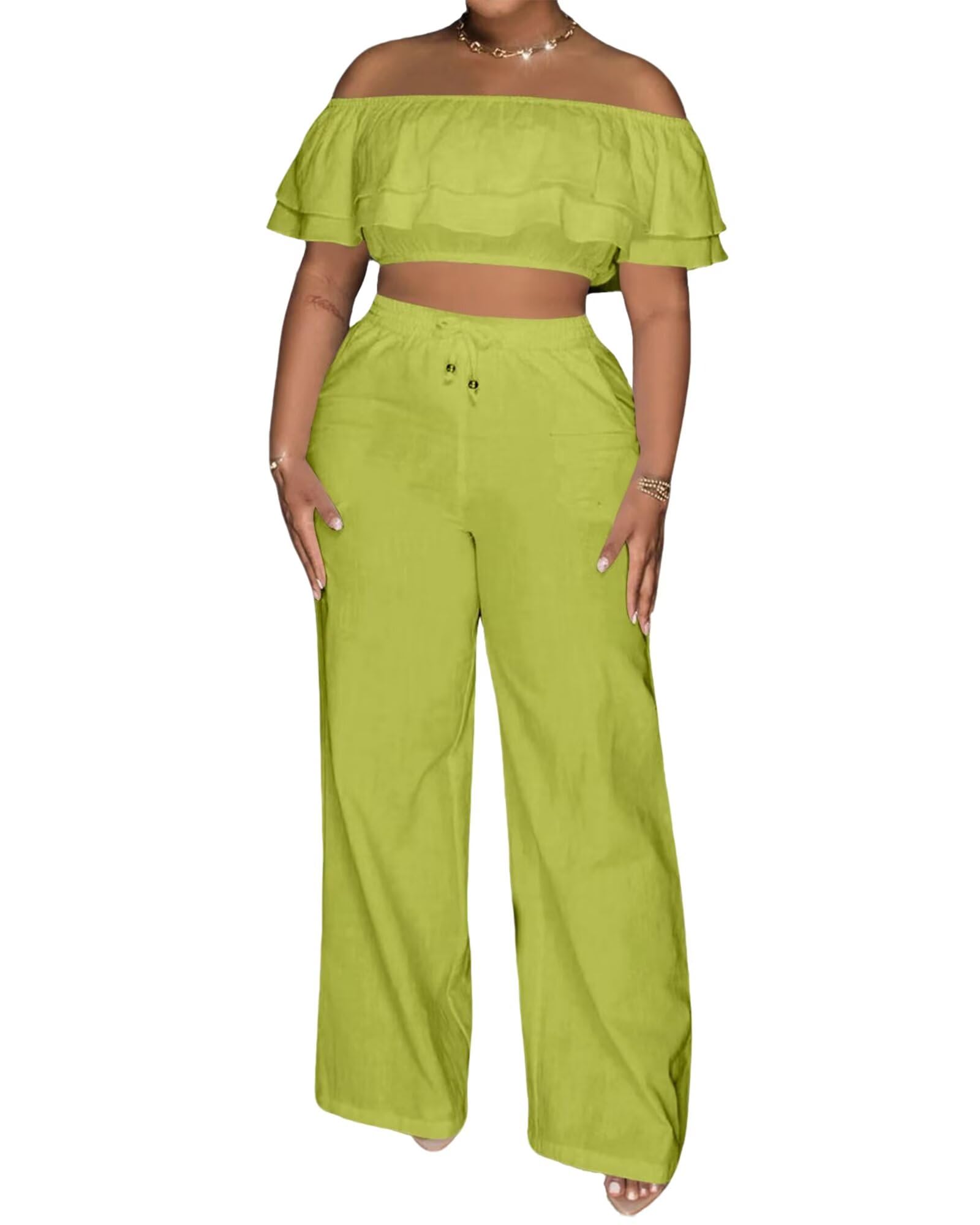 Adogirl 2 Piece Outfits for Women Ruffle Trim Crop Top Wide Leg Pants Set | 2 Piece Sets, Outfit for Women, Off Shoulder, Short Sleeve, Wide Leg Pants with Pockets, Sexy Outfits, Vacation Outfits