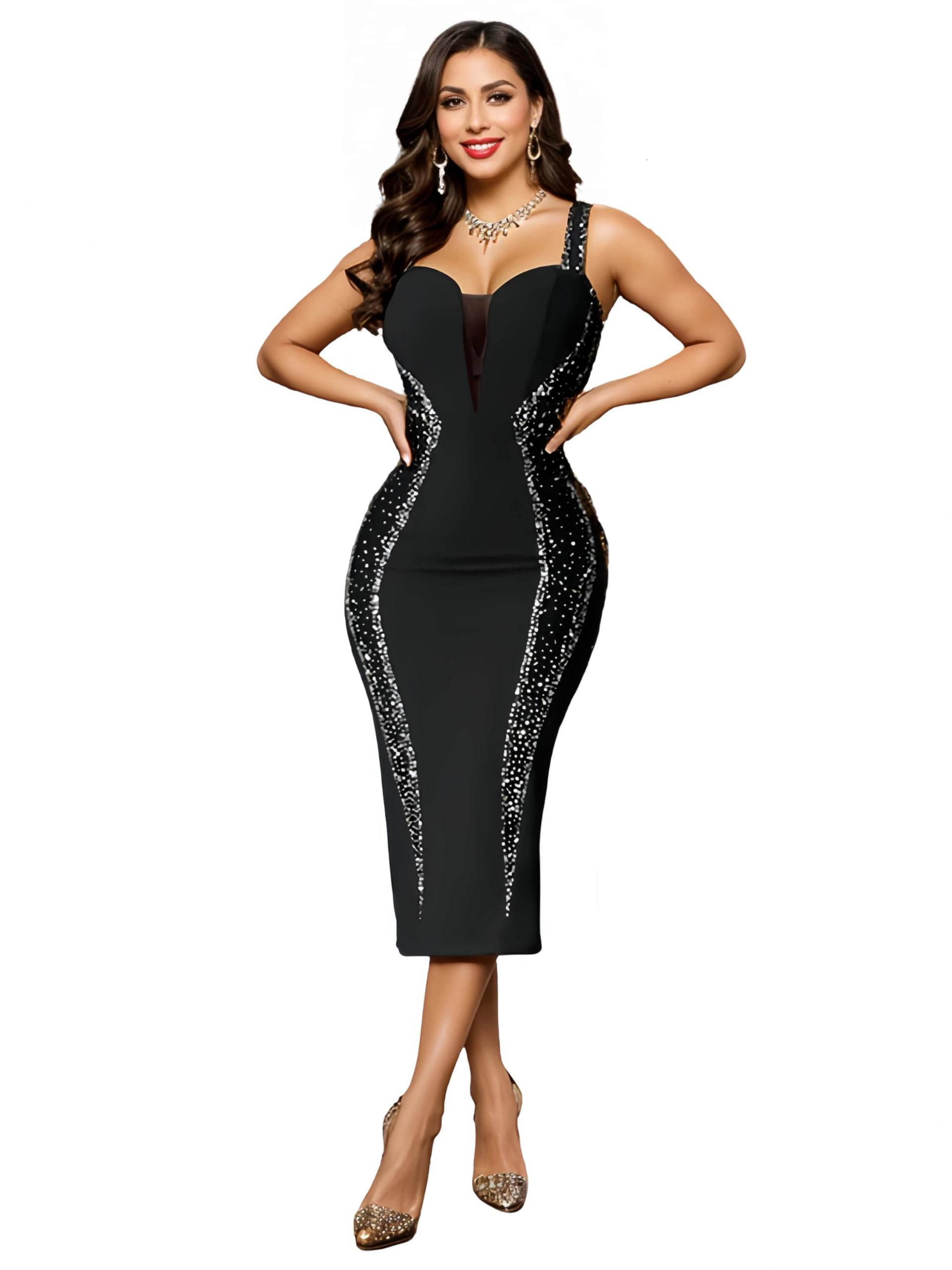 Figdaw Sequin Midi Dress for Women Formal,Evening Cocktail,Wedding Guest,Galas