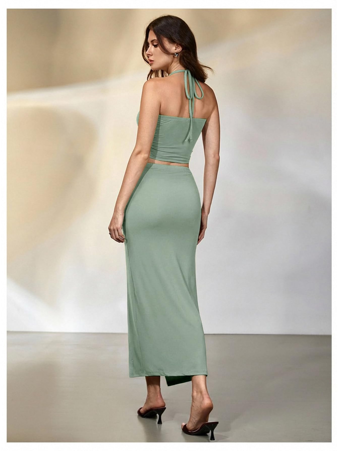 Verdusa Women's 2 Piece Set Summer Vacation Outfits Going Out Matching Set | Ruched Crop Halter Top, Asymmetrical Slit Long Skirt, Two Piece Skirt Set for Women, Summer Sets