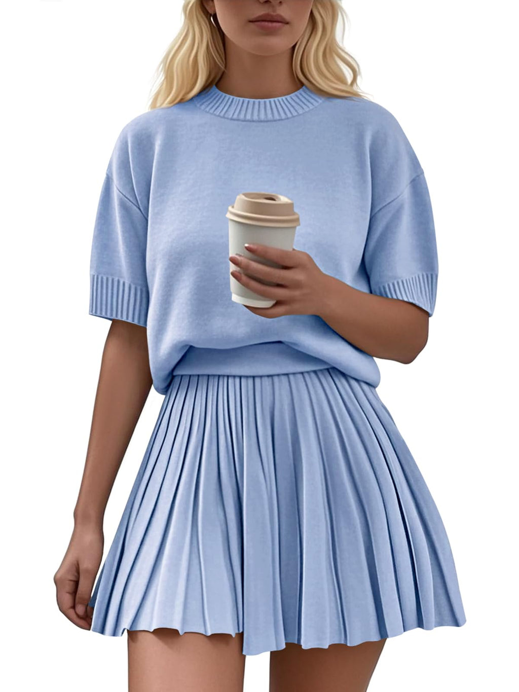 Womens 2 Piece Outfits 2026 Short Sleeve Crewneck Knit Tops And Pleated Mini Skirt Two Piece Sets