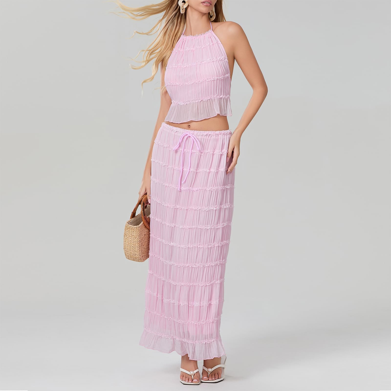 Women Y2K Skirt Set Outfits Strapless Crop Top Bodycon Midi Skirt Dress Sexy 2 Piece Knit Outfits Skirt Summer