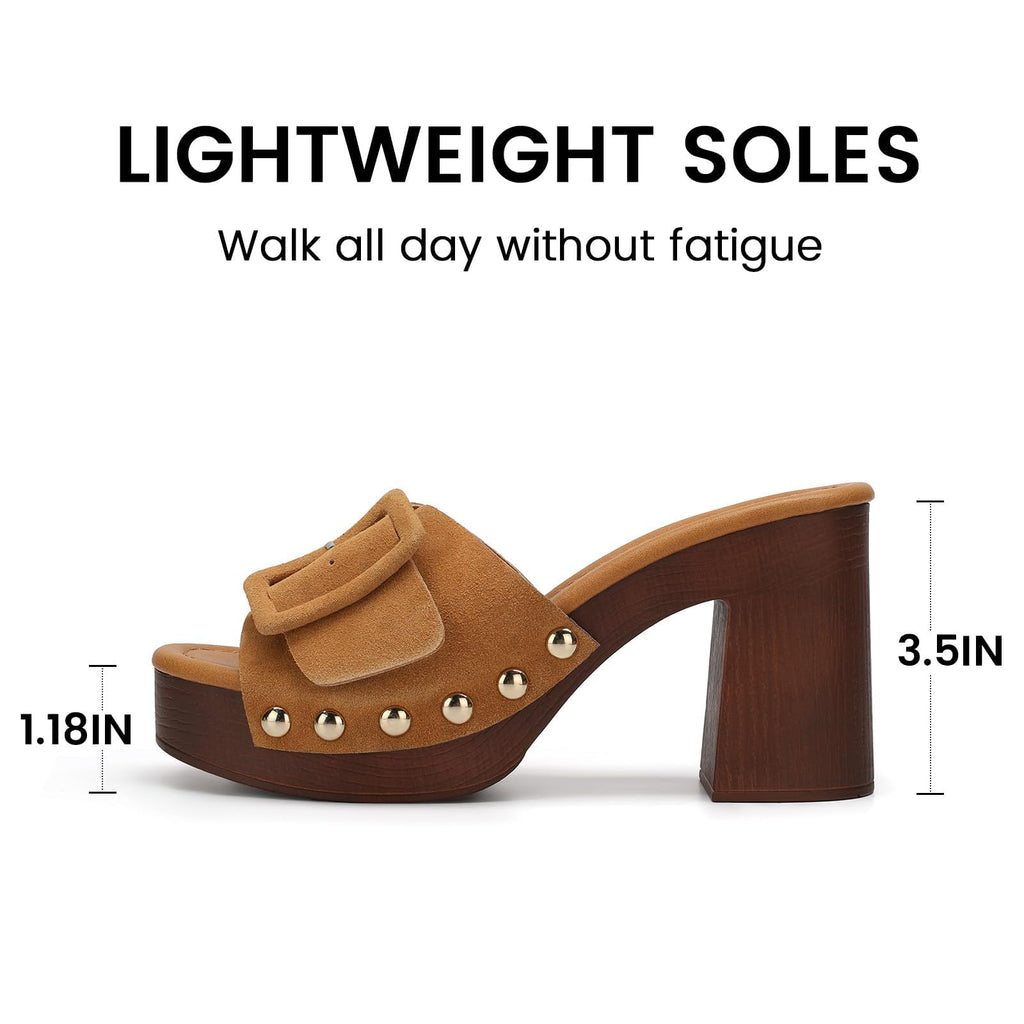 VICKI·VICKI Women's Platform Mules Suede Buckle Sandals, Sexy Open Toe High Chunky Block Heel Clogs, Retro Studded Summer Dress Slides
