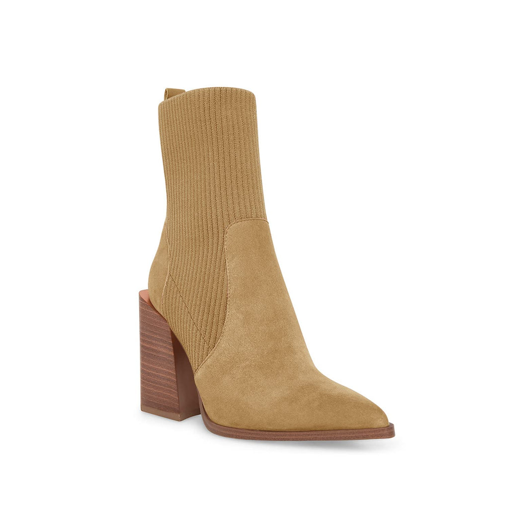 Womens Chunky Stacked Heel Ankle Boots Pointed Toe Booties Slip On Ribbed Knit Sock Boot