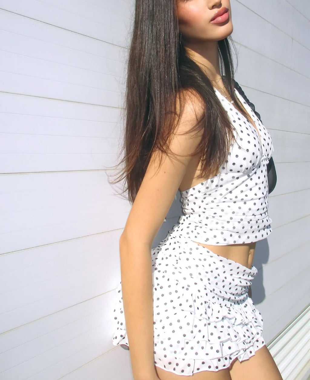Women Summer Polka Dot Set Halter Mini Tiered Skirt Set | Built in shorts, Ruched Waist, Tiered Ruffle, Mesh outer layer, ideal for going out, vacation, birthday, night out