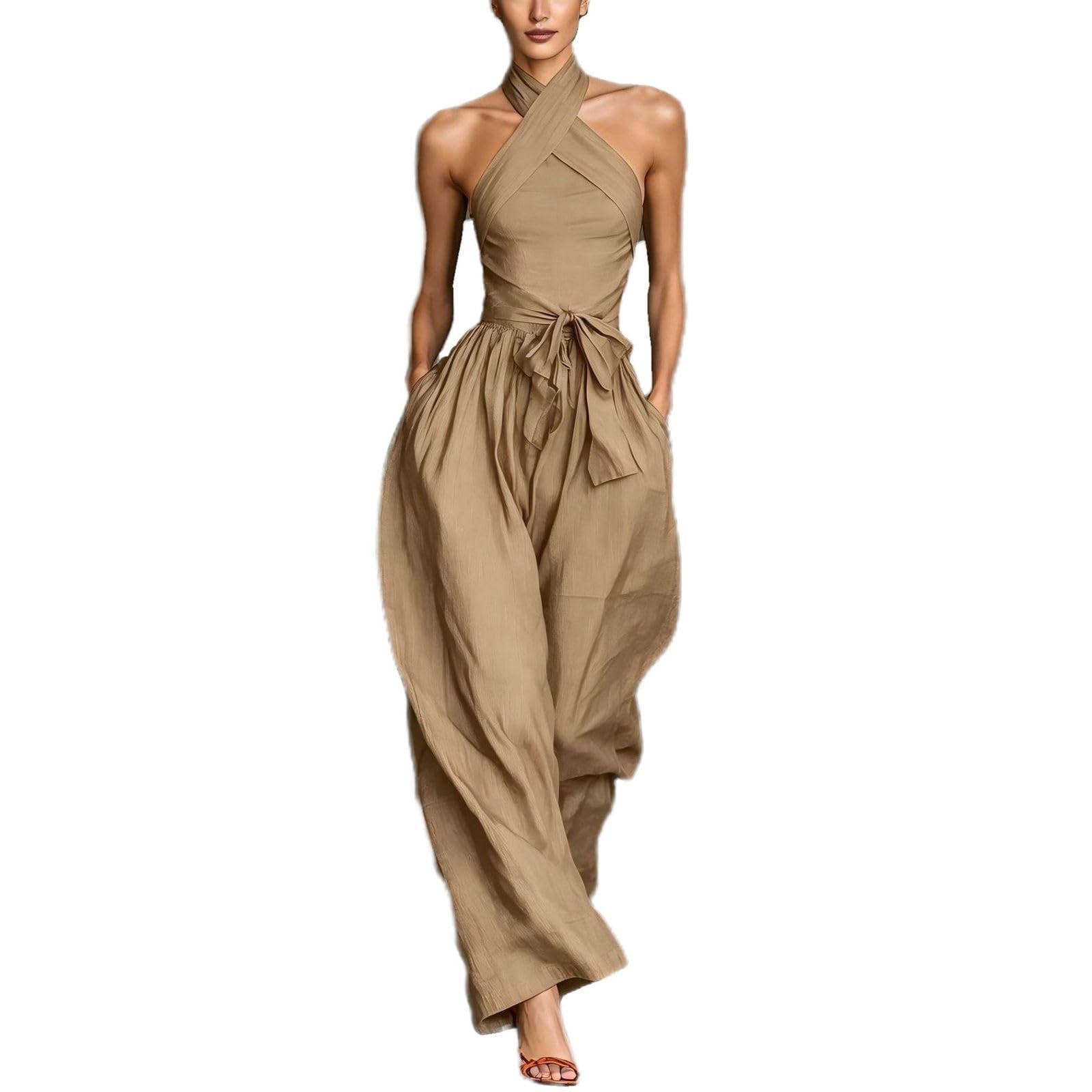 Backless Rompers for Women Casual Ink Printed Sleeveless High Waist Wide Leg Jumpsuit Sexy Halter Boho Vacation Party Outfits
