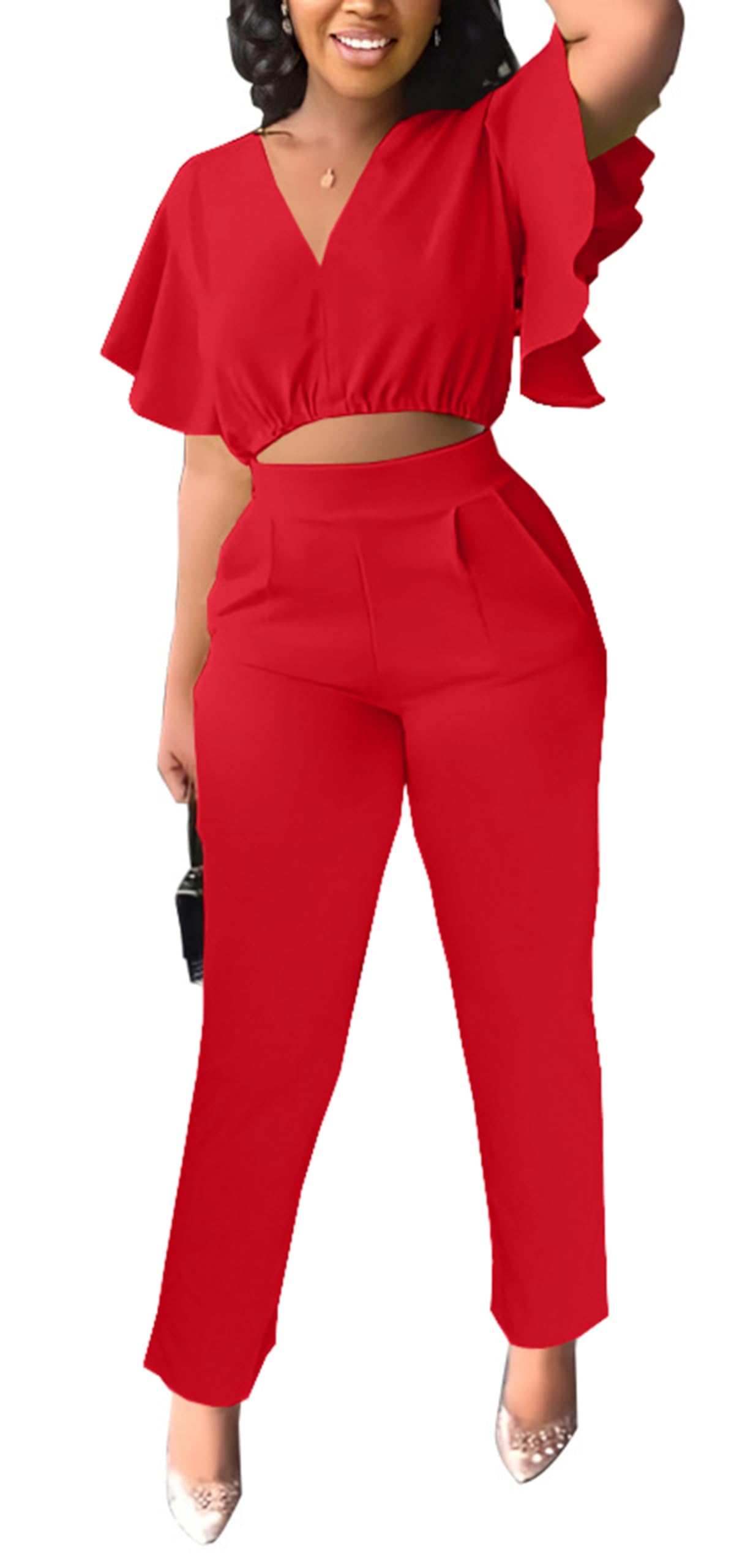 Womens Summer Two Piece Shorts Outfit Sexy Crop Top Butterfly Sleeve 2 pc Short Set Vacation Brunch Matching Set
