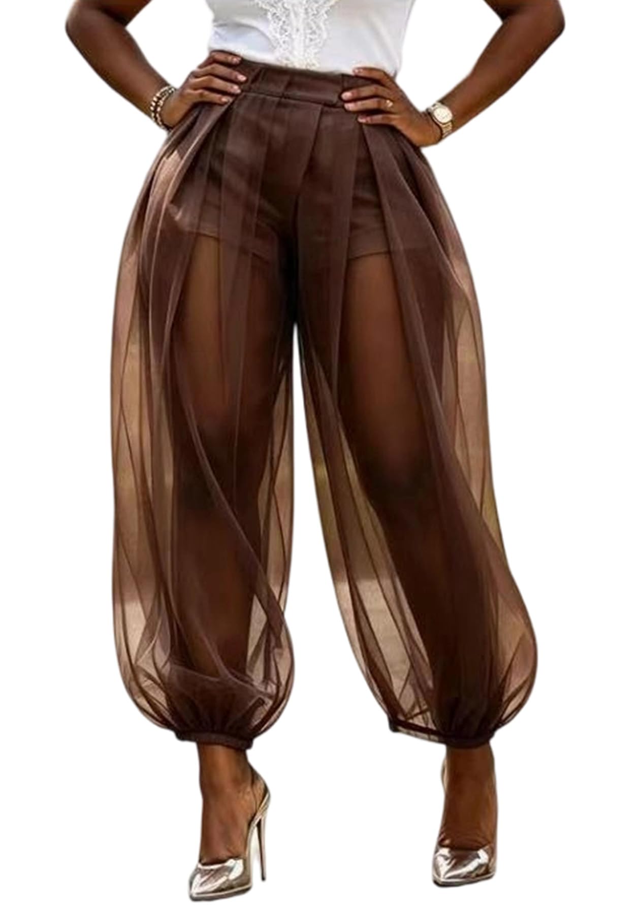 Molisry Women Sheer Mesh Pants Bubble Tulle Patchwork Pants Balloon Trouser | Loose Fit Cover Up Trousers,Built In Shorts Lining