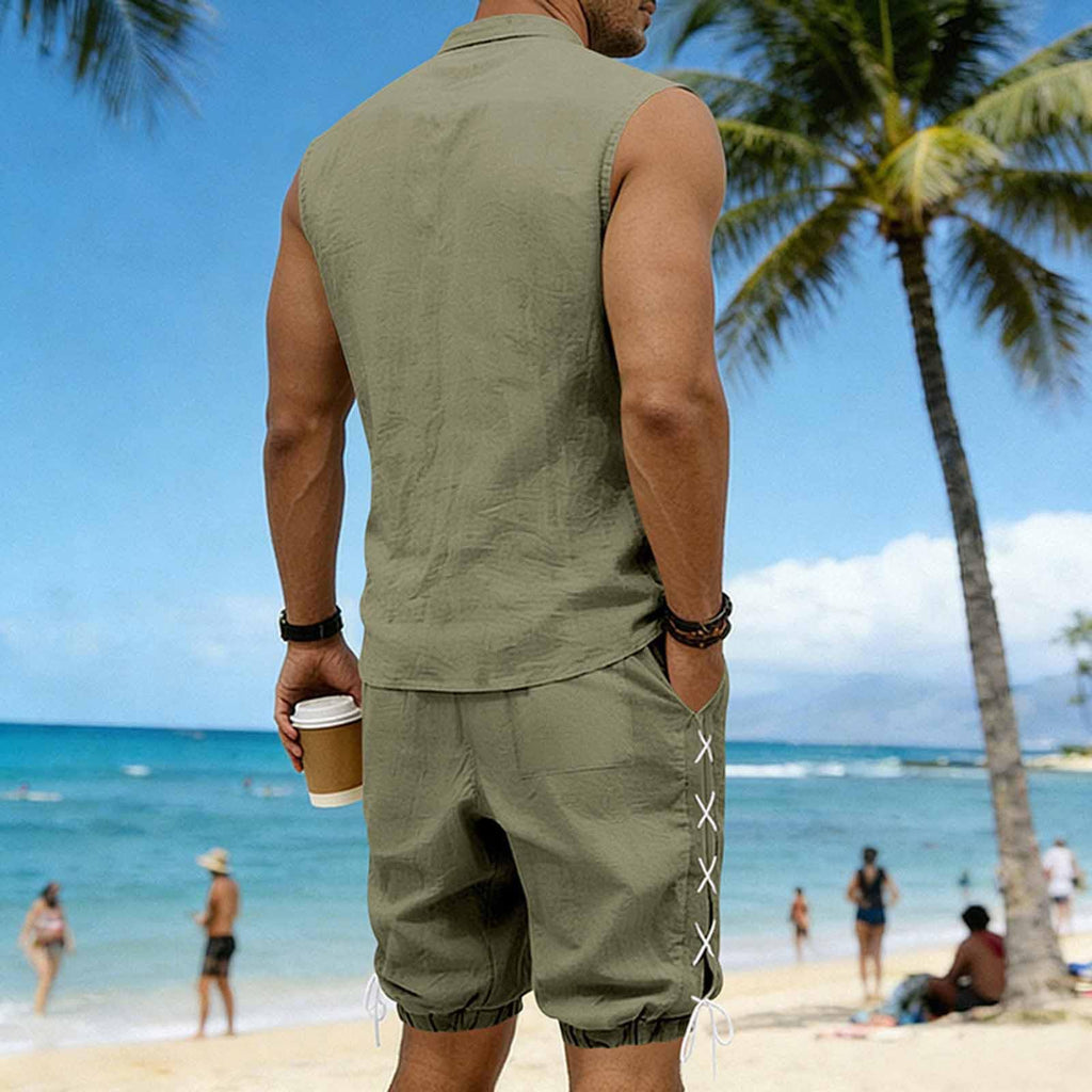Cambkatl 2 Piece Outfits for Men Lightweight Linen Shorts Set Laceup V Neck Sleeveless Tank Top Matching Sets with Pockets