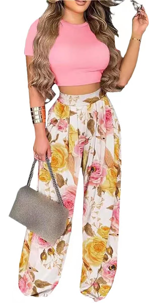 2 Piece Outfits for Women Short Sleeve Crop Top High Waist Wide Leg Long Pant Sets Tracksuit Sport Set