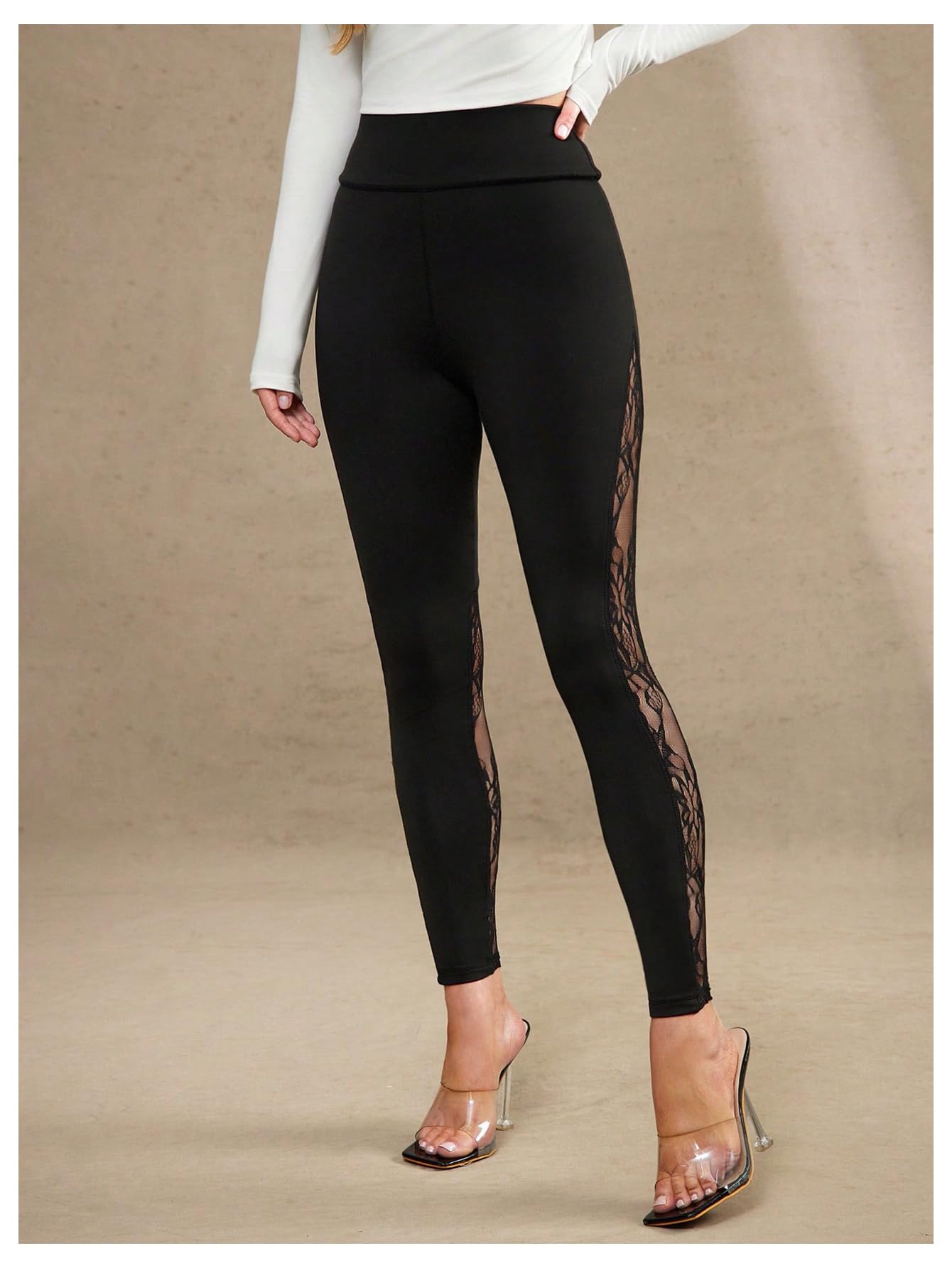 RoseSeek Women's Floral Lace High Waited Leggings See Through Club Outfits | Sexy Leggings for Women, Tummy Control, Skinny, Lace Pants, Concert Outfits Women
