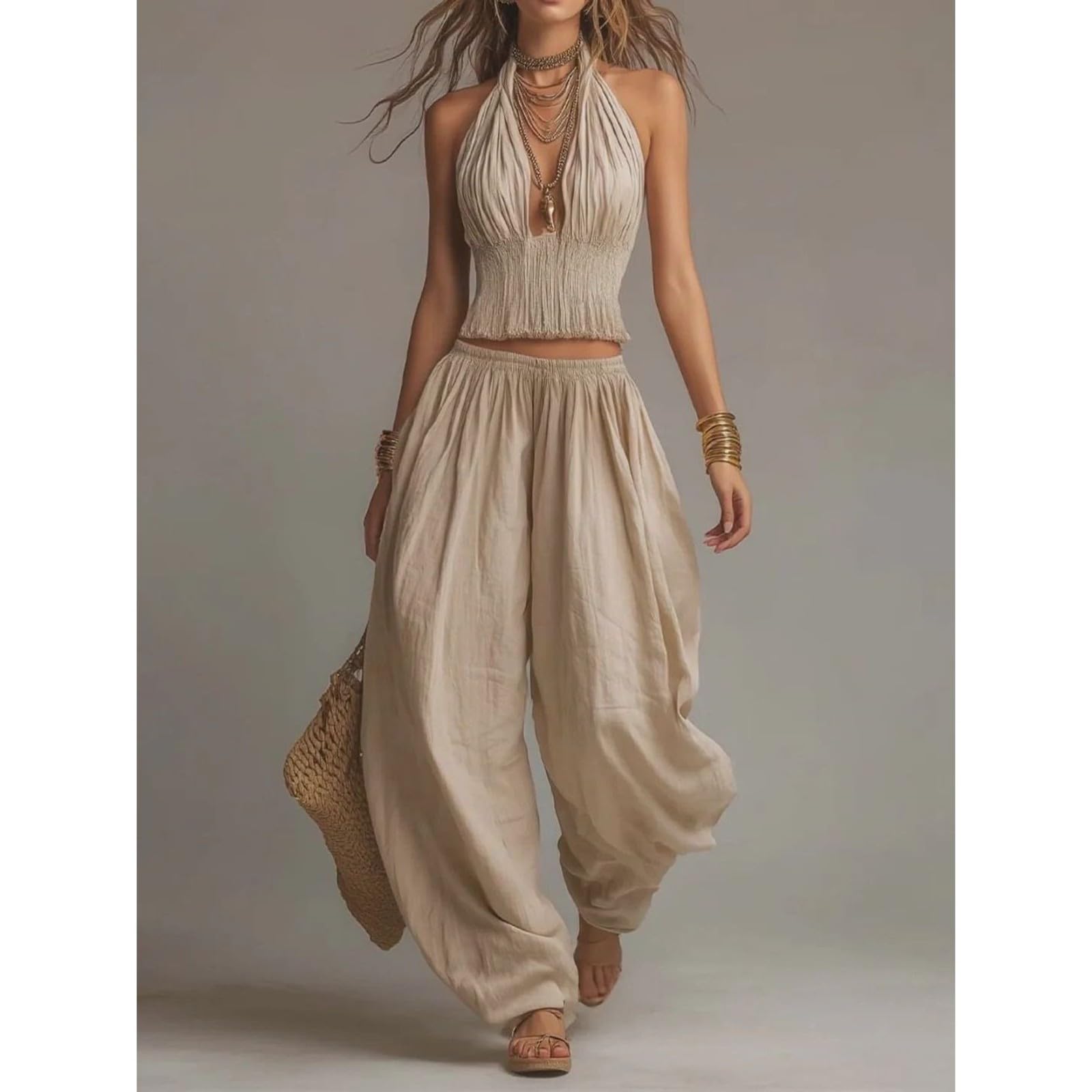 2 Piece Outfit for Women Sleeveless Crop Top and Wide Leg Pants Set Summer Loose Smocked Casual Beach Matching Sets