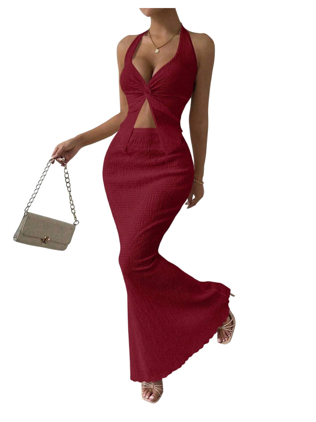 SOLY HUX Women's 2 Piece Outfit Twist Front Halter Cami Skirt Summer Set | Summer Vacation Outfits, Maxi Skirt Set